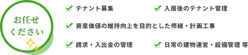 テナント募集、入居後のテナント管理、資産価値の維持向上を目的とした修繕・計画工事、請求・入出金の管理、日常の建物運営・設備管理 等　お任せください